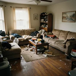 a living room showing signs of wear and habitation. cluttered.