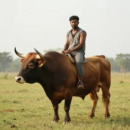 a man riding a peaceful looking bull