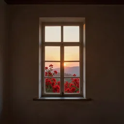 a interior photo of a old house single window with view to the sunrise near some red flowers, hyperrealistic, digital painting, masterpiece, high quality, highly detailed, high coherence, path traced, serene landscape, beautiful, elegant, bloom, godrays, complementary colors, natural lighting, symmetrical, low contrast