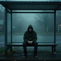 guy wearing dark green hoodie sitting at bus stop, environment, dark tv show style, foggy, movie still, spooky, epic scene, cinematic, art by peter mohrbacher, tsutomu nihei and zdzisław beksinski, 4 k, realistic