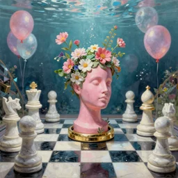 David Friedrich, giant marble chess pieces, gold rings, liminal spaces, party balloons, checkered pattern, mirrors, David Friedrich, award winning masterpiece with incredible details, flowers, Zhang Kechun, a surreal vaporwave vaporwave vaporwave vaporwave vaporwave painting by Thomas Cole of an old pink mannequin head with flowers growing out, sinking underwater, highly detailed