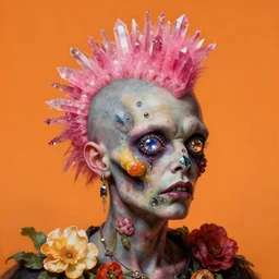 a single portrait of a punk rock zombie, pink crystal mohawk, eyes made of gemstones, face made of fruit and flowers, Baroque style, art by Arcimboldo, hyperrealism, elegant, digital painting, neon orange background