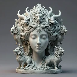 a sculpture of mythical creatures by geenss archenti flores, elegant and beautiful female face, intricate psychedelia, elegant, highly detailed, artstation, concept art, ambient occlusion, vray render,
