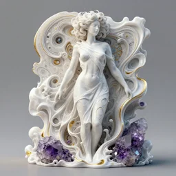 3 d pyro liquid simulation render, octane render, xparticles, abstract female bodies, intricate details, female body covered in white blanket, white carved abstract sculpture, amethyst mineral quartz, swirly curls, abstract white fluid, golden edges and fractals, wasili kandinski, artstation, render, cinema 4 d, art noveau fresco, liquid acrylic painting
