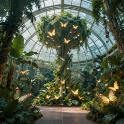 Matte painting of the interior view of giant botanical museum. Glowing butterflies swarms. Solarpunk. Fantastical, detailed digital art trending in artstation