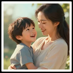 illustration beautiful cinematic hyperrealism style where a mother appears with her happy son, image margin with 1 5 px