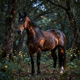 beautiful horse in the forest evening natural light, fireflies, 200mm by Emmanuel Lubezki