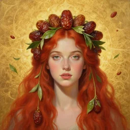 epic painting, full figure portrait of beautiful goddess, red hair, sweet dried dates fruits, medjool dates, dried dates crown, green tea leaves, golden glow background, drawing, photography by amy leibowitz, wlop, jeremy lipkin, beeple, intricate golden fractals, team leaves flying in the sky, symmetrical front portrait, artgerm