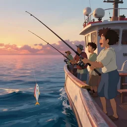 fishermen catching fish with rods in their ship at sea and reacting to the fish caught, fishing boat, studio Ghibli, Pixar and Disney animation, sharp, Rendered Unreal Engine 5, film key art, Greg Rutkowski, Bloom, dramatic lighting, sunrise