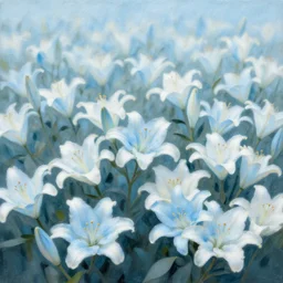 field of light blue and white lilys, matte painting