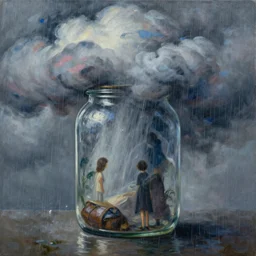 a beautiful rainstorm trapped in a jar. roiling colorful clouds in moody greys and blues, pouring down rain. beautiful detailed dramatic painting by artgerm and magali villanueve and james jean