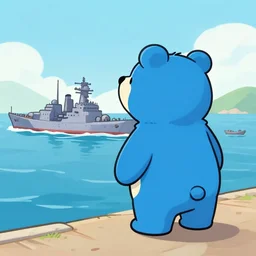 cartoon of a blue furred bear looking at the sea while standing on a world war 2 battleship