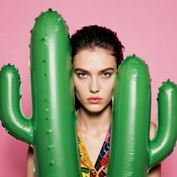 extremely detailed studio closeup portrait of a fashion model peeking through inflatable cactuses. surreal photograph, lo - fi, polished look, solid background, silly and serious, hermes ad, fashion photography, toiletpaper magazine by pierpaolo ferrari and maurizio cattelan, 3 5 mm photograph, colourful, david lachapelle, canon eos c 3 0 0, 8 k, medium - format print
