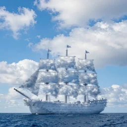 images of large sailing ships formed in the clouds over ocean, blue sky fully clouds shaped like a ship