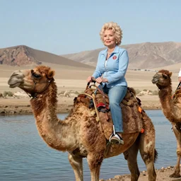 Dolly Parton and scooby doo riding camels in Slough. walking on water, photorealistic