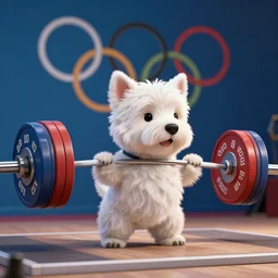 high quality photo of an anthropomorphic west highland white terrier weightlifting barbell in olympic weightlifting competition, 3 d render, photo realistic, epic lighting, concept art, 4 k, artstation, cgsociety