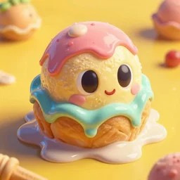 hyperrealistic popart supercute droopy melting! multicolored ice cream with eyes jason limon digital painting dramatic yellow lighting high angle hd 8k sharp shallow depth of field