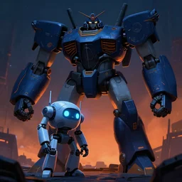 small robot vs giant robot, dark fantasy, extremely detailed, sharp focus, smooth, matte painting, concept art, vaporwave style, blue orange chiaroscuro, trending on artstation