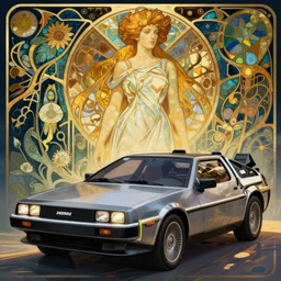 Detailed picture of a Delorean, art nouveau, in the style of Alphonse Mucha