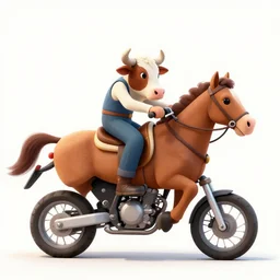 Cow riding a horse riding a motorbike.