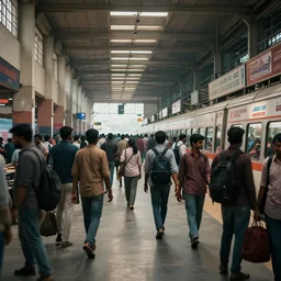 cinematic movie scene, establishing shot, interior of an india railway station, bustling with people, sharp focus, unreal engine, octane render, aesthetic