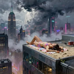 a girl laying on a beach towel on top of a building looking down at futuristic new york city, cyberpunk, ghostpunk, sci - fi, fog, neon lights, storm clouds, rain, oil painting, by george bellows