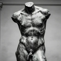black and white photo of a bronze sculpture of a male torso, by rodin