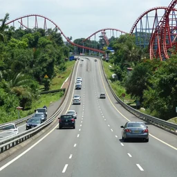 watching traffic on a looping highway with a 9 0 degree drop - off, not safe, similar to a rollercoaster