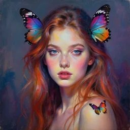 goddess of butterflies. portrait. colorful atmospheric lighting. highly detailed painting by greg rutkowski.