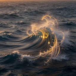 ocean waves fractals, global illumination, intricate, detailed, atmospheric lighting, golden hour