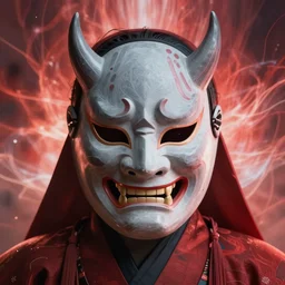 samurai in oni mask, soft grey and red volumentric light, full frame, intricate, digital painting, artstation, concept art, smooth, sharp focus, illustration, art by greg rutkowski and luis rollo and uang guangjian and gil elvgren, symmetry!