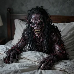 super realistic 4k hyperrealistic, focused, evil spooky boogeyman monster under the bed