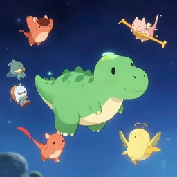 cute happy dinos flying through space, fantasy, concept art, artstation, disney, pixar, dreamworks, anime, tyler edlin, feng zhu, jparked, thomas karpi