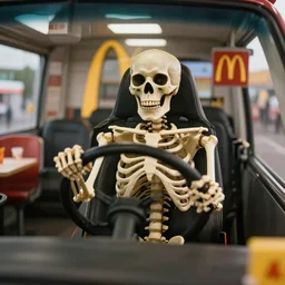 beautiful photograph of a skeleton driving into a mcdonald's drive - through