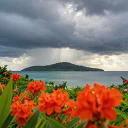 island paradise, storm clouds, god rays, flowers close up in foreground, max rive, 4 k, instagram, landscape, hdr
