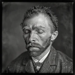 a 1 8 9 0 dark, monochrome, glass negative, silver gelatine realistic, supersharp, supersharp, realistic, photographic daguerreotype portrait of vincent van gogh with closed eyes, shallow depth of field