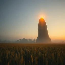 my dream of a towering oblisk in a grain field, golden hour