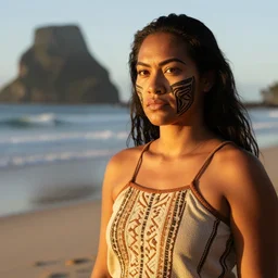 portrait of beautiful young Maori female model wearing traditional camisole, with facial moko, golden hour at Piha Beach, Zeiss 150mm f2.8 Hasselblad, award-winning photo