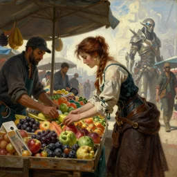 a detailed portrait of a woman at a market place buying fruit from a merchant, horizon zero dawn 2 combined with dying light, painting by gaston bussiere, craig mullins, j. c. leyendecker