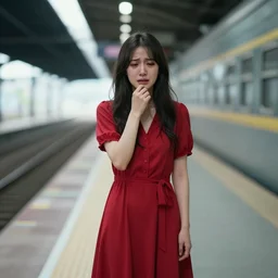 girl in red dress standing on the train platform crying