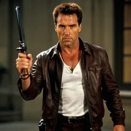 indiana jones but played by arnold schwarzenegger with terminator hairdo