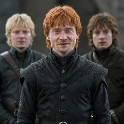 handsome ron weasley in game of thrones, attractive rupert grint in game of thrones, handsome portrait of the actor, live action film, cinematic photo, clear hd image