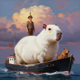 white capybara at the high charity ship, surreal photography, dramatic light, impressionist painting, colorful clouds, digital painting, artstation, kilian eng, john harris, bastien lecouffe - deharme, simon stalenhag, flower face