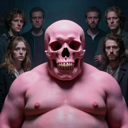 detailed pink skull of fat person, cinematic moody colors, extremly emotional, realistic shaded lighting poster by ilya kuvshinov, magali villeneuve, artgerm, jeremy lipkin and michael garmash and rob rey