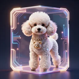 symmetry!! a poodle dog, solid cube of light, hard edges, product render retro - futuristic poster scifi, lasers and neon circuits, poodle dog with teddy bear haircut, intricate, elegant, highly detailed, digital painting, artstation, concept art, smooth, sharp focus, illustration, dreamlike, art by artgerm