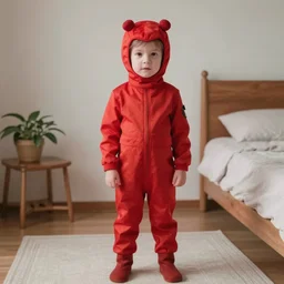 realistic photo of small kid standing in bedroom wearing red morphsuit
