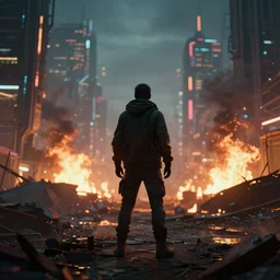 a 3 d render of a person standing in the ruins a futuristic city with fires and plumes of smoke in the background, cyberpunk with lights and electricity and neon, bokeh, canon 5 0 mm, cinematic lighting, volumetric light, octane, octane render, redshift render