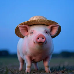a cute pig wearing a straw hat at blue hour, twilight, cool, award winning 4 k photo, twilight cool light