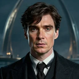 a portrait of cillian murphy as tommy shelby in front of atlantis, in the style of Benjamin Bader, sharp, highly detailed, realistic face, digital art, epic, fantasy, artstation