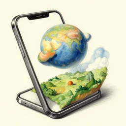 sketch of a phone in 4 d, a planet and his landscape pop up in 4 d in color, planet and landscape popping out of the screen, 3 d illusion, by maurits cornelis escher